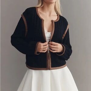 Anthropologie Faux Leather Trim Cardigan Sweater